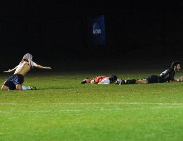 Dowsley after scoring the last minute goal advancing the Eagles to the national championship match for the first time in program history.