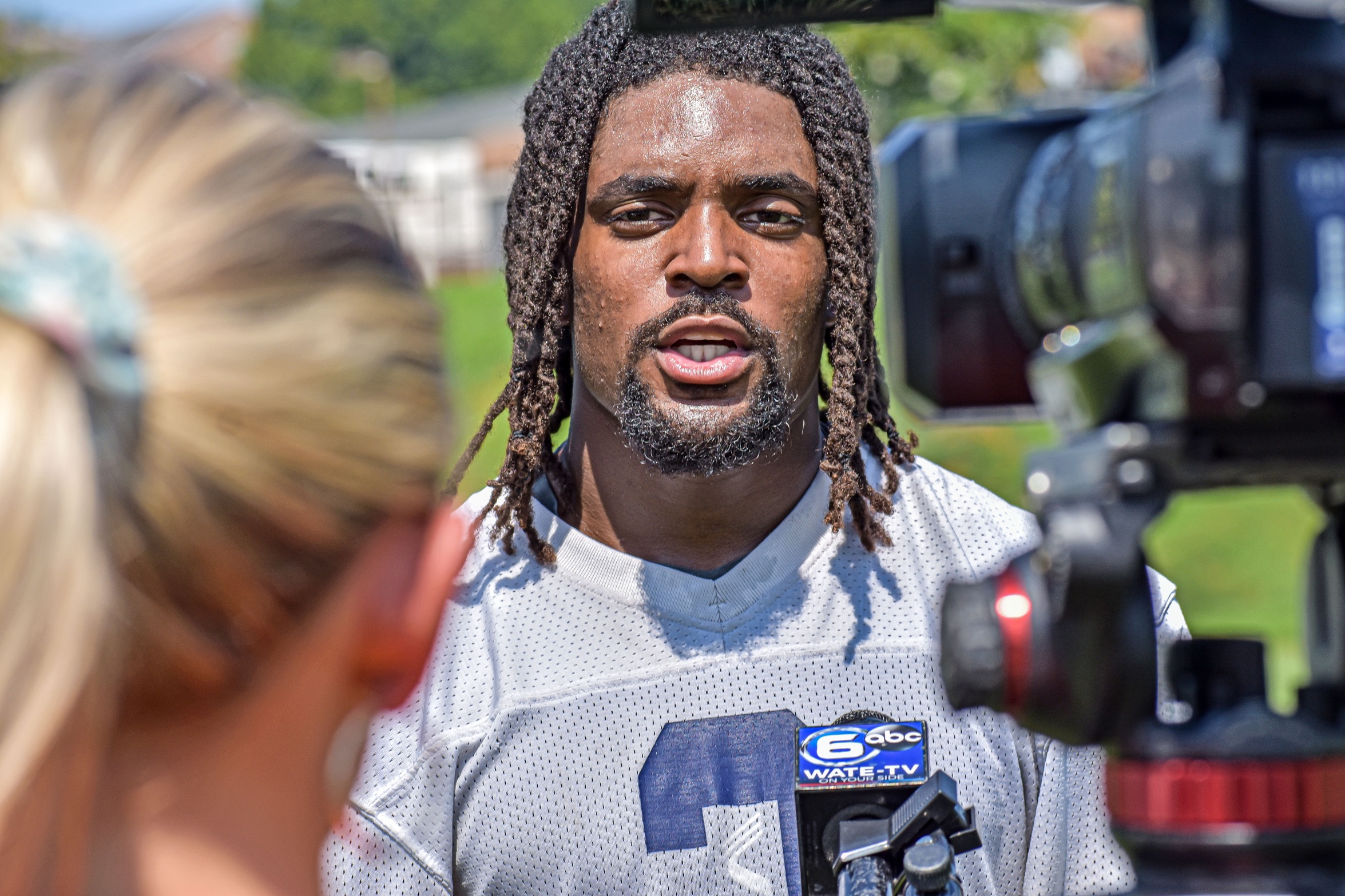 Senior safety Major Williams chats with WATE reporter Casey Kay following C-N's second practice of 2024 fall camp.