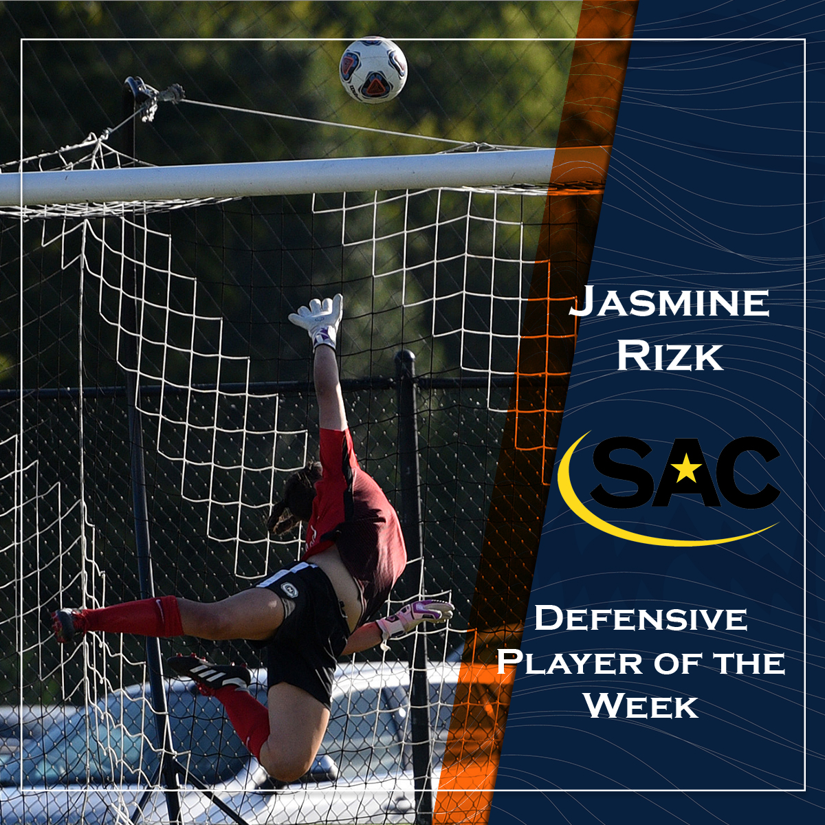 Goalie Jasmine Rizk earns SAC Player of the Week